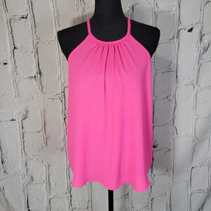 Lush Womens M Bright Hot Pink Spaghetti Strap Summer Tank Flowy‎ Ruffle Barbie